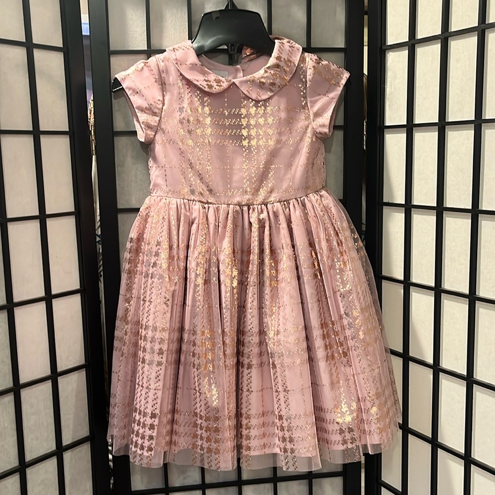 Pippa & Julie Girl's Metallic Plaid Dress Pink Rose Gold Size 6